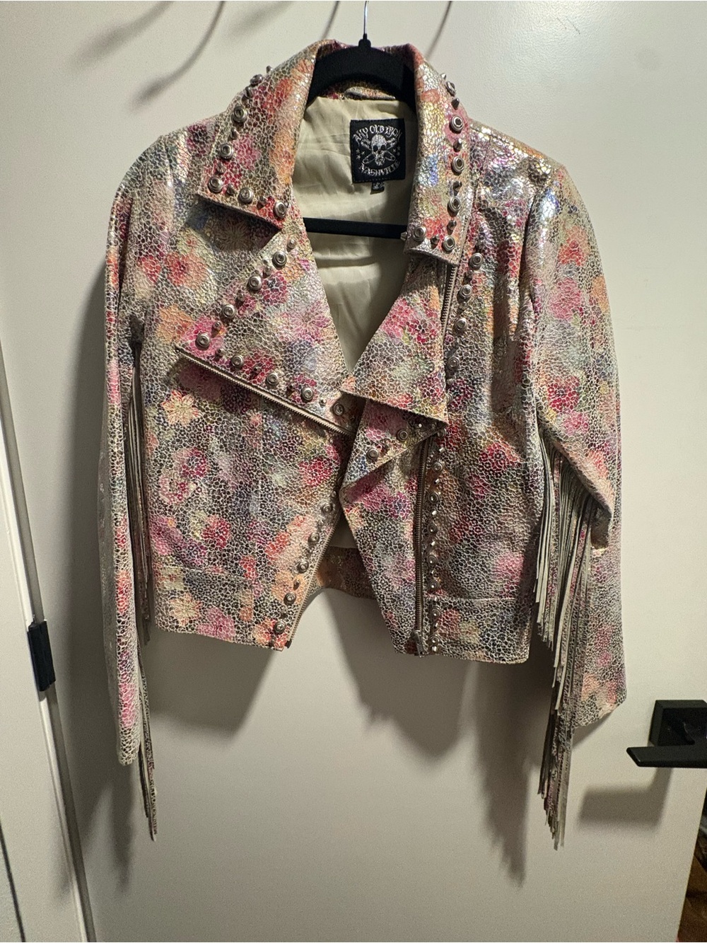 Studded Floral Fringe Leather Moto Jacket - Pastel Multi